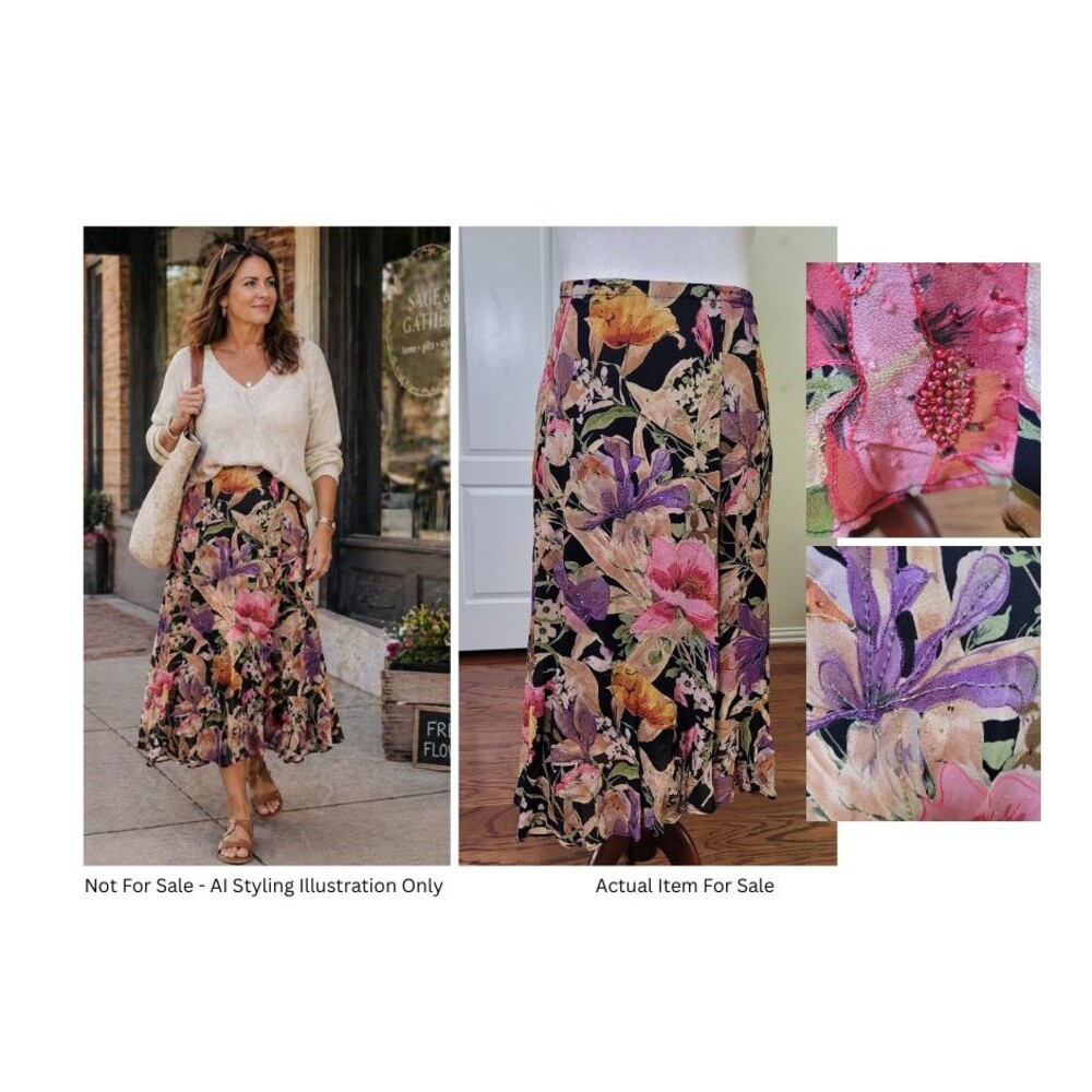 Vintage Chico's Floral Embellished Midi Skirt Women Size 2 Asymmetric Boho